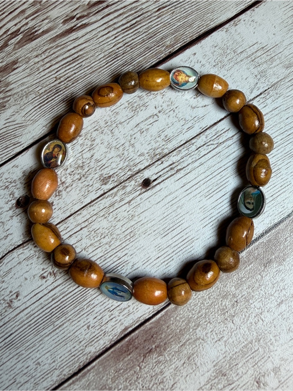 Olive Wood Religious Bead Stretch Bracelet in Brown